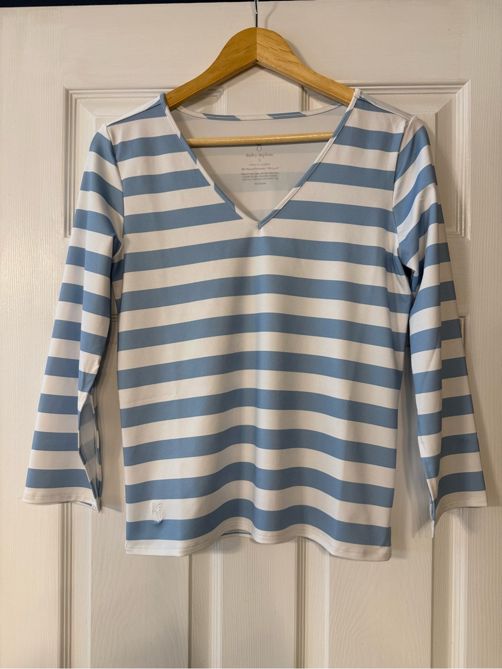 Dudley Stephens V-Neck Bayberry Top in Blue and White Cabana Stripe